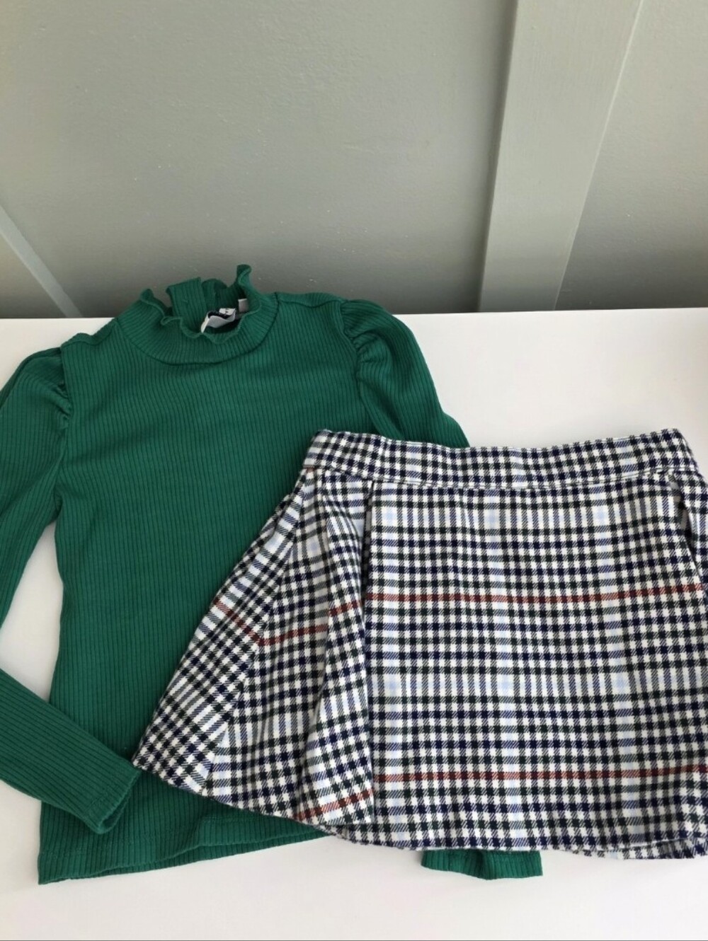 Janie And Jack 4t Green Outfit Set Top & Beaufort Bonnet Company Plaid Skirt